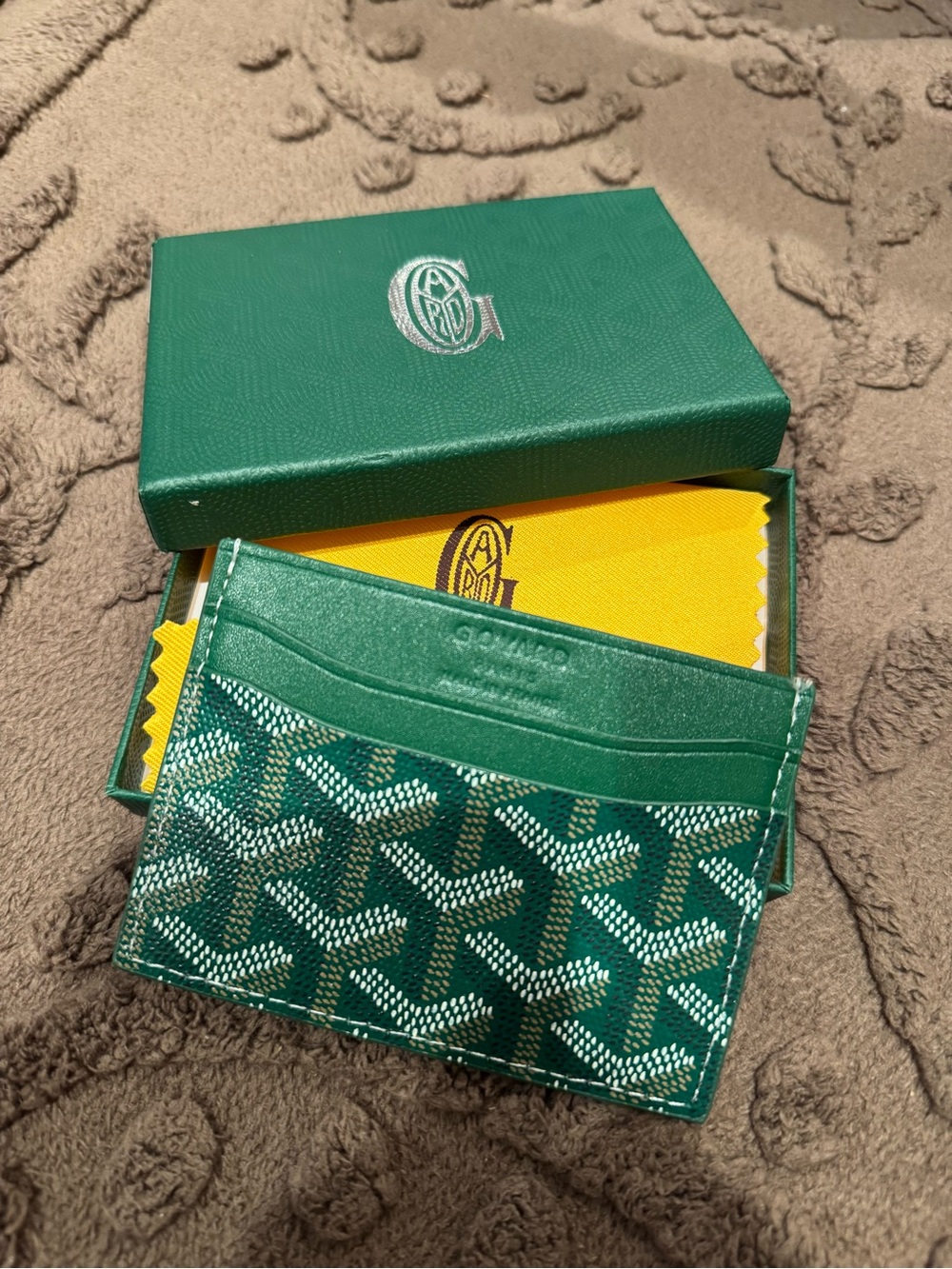 Green Goyardine Card Holder with Signature Chevron Pattern